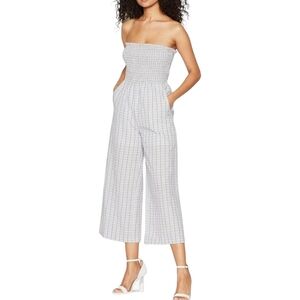 BCBGeneration XS Jumpsuit Smocked Strapless Wide Leg Blue Pastel Plaid Boho NWOT